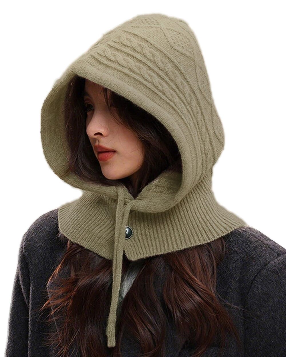 7990 Knitted Balaclava Drawstring Hooded Scarf Hat Beanie Skull Cap Winter